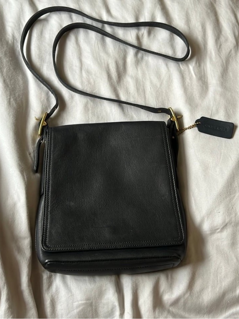 Coach Black Leather Messenger Crossbody with Gold Hardware